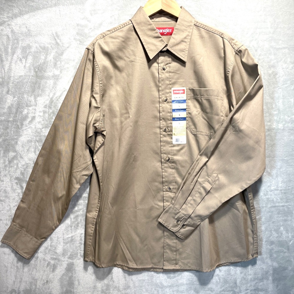 Wrangler Denim Long Sleeve Shirt Mens L Khaki Button Down Cotton Western Cowboy